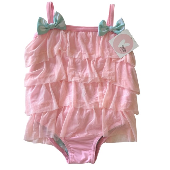 NWT FrouFrou Pink Tutu Ruffles and Mint Green Polka Dot Bows Swimsuit 4T - Picture 1 of 8